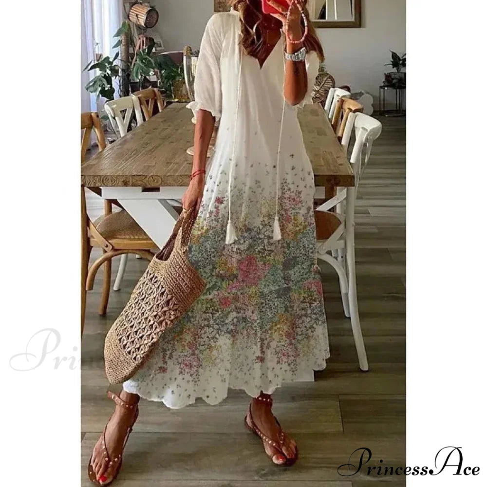 Eclectic Retro Flowery Plunging Neckline Summer Beach Dress