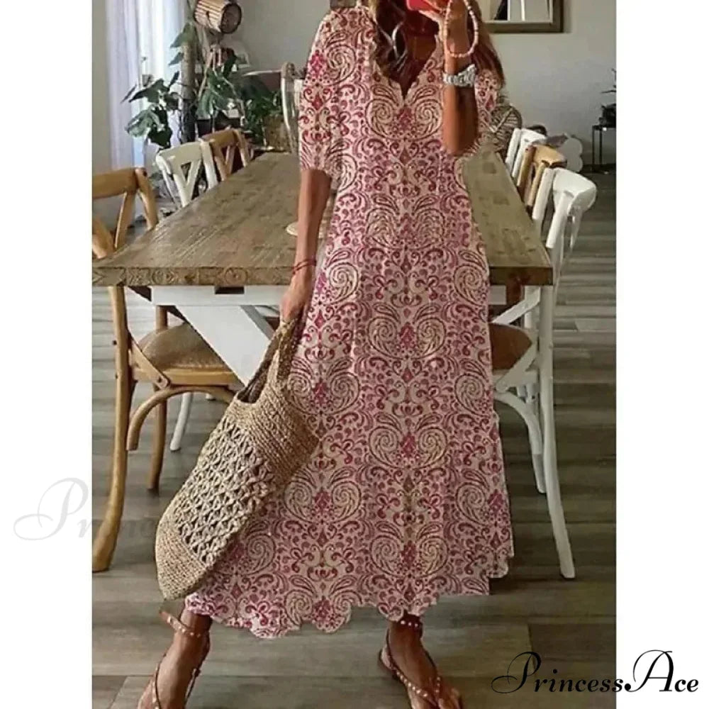 Eclectic Retro Flowery Plunging Neckline Summer Beach Dress