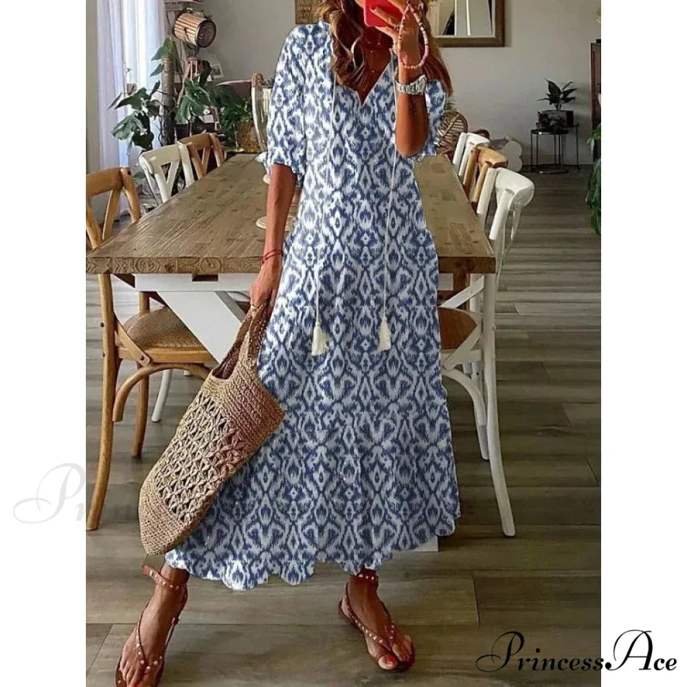 Eclectic Retro Flowery Plunging Neckline Summer Beach Dress