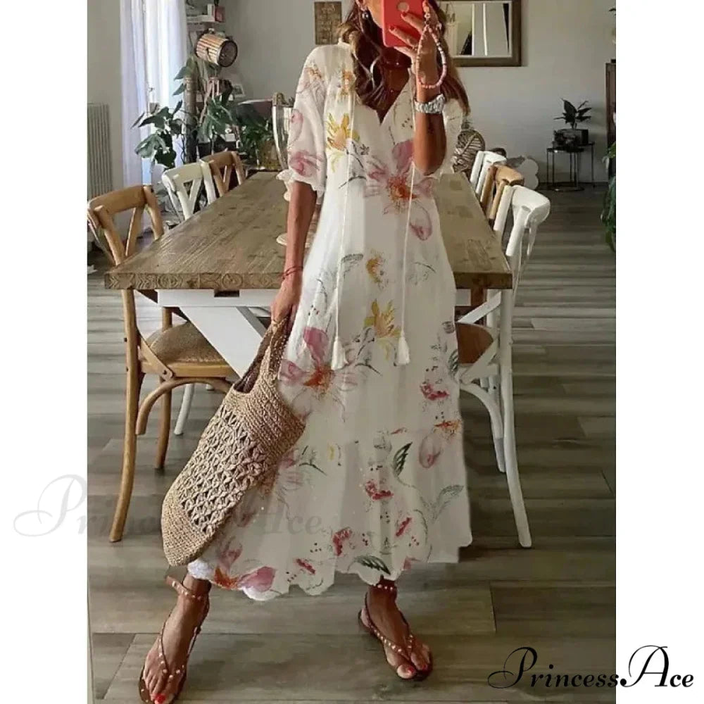 Eclectic Retro Flowery Plunging Neckline Summer Beach Dress