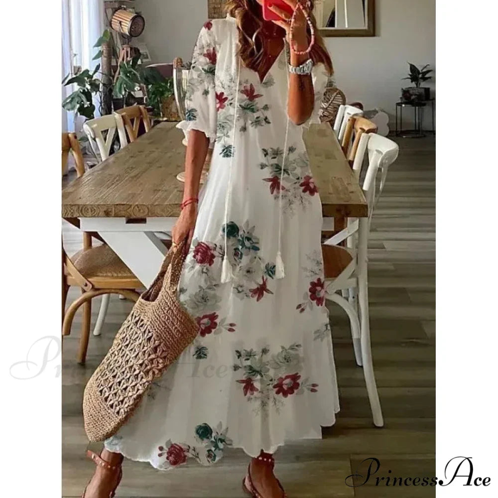Eclectic Retro Flowery Plunging Neckline Summer Beach Dress