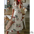 Eclectic Retro Flowery Plunging Neckline Summer Beach Dress
