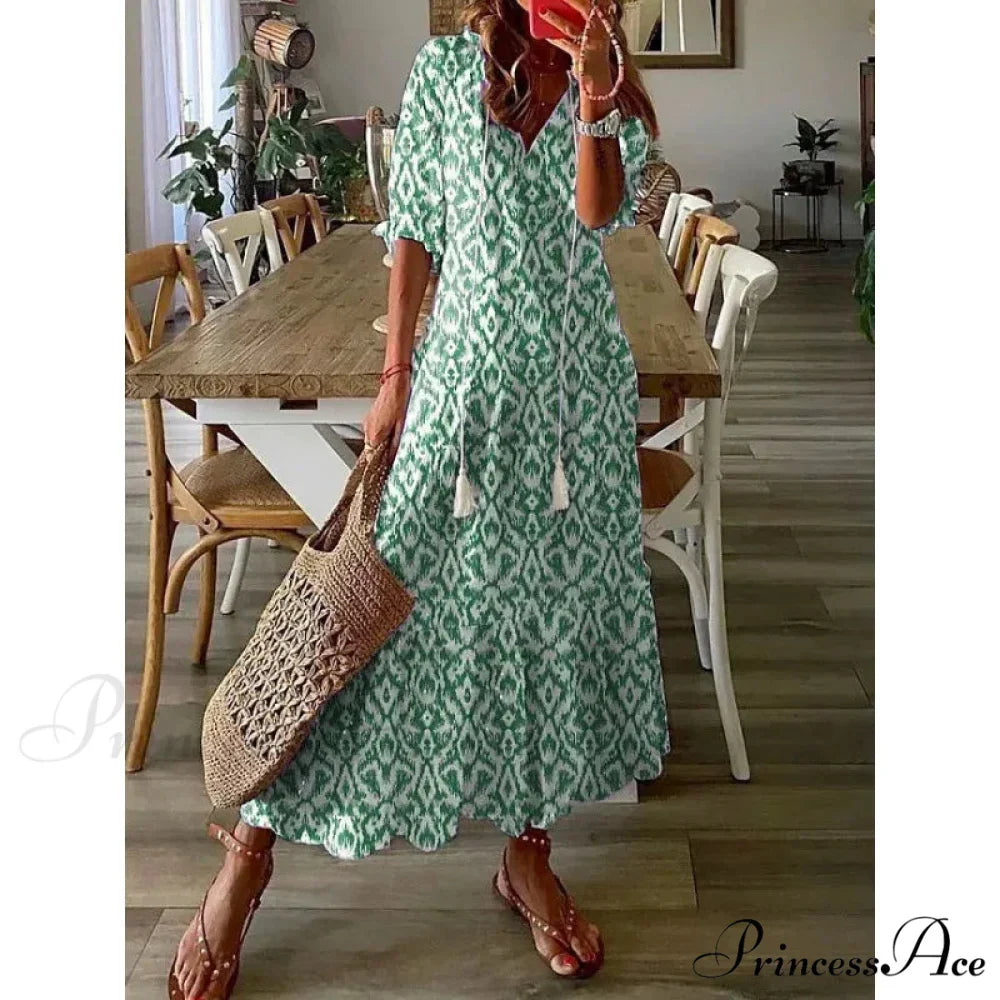 Eclectic Retro Flowery Plunging Neckline Summer Beach Dress