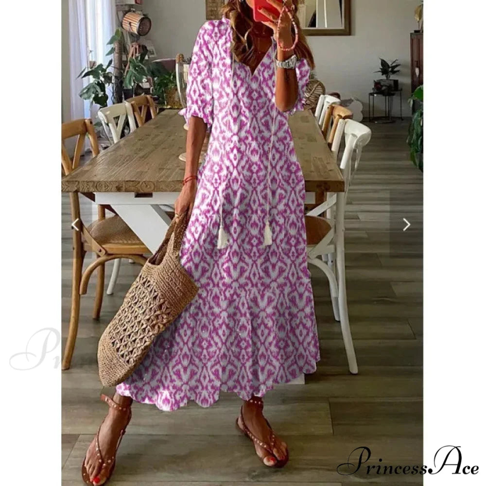 Eclectic Retro Flowery Plunging Neckline Summer Beach Dress