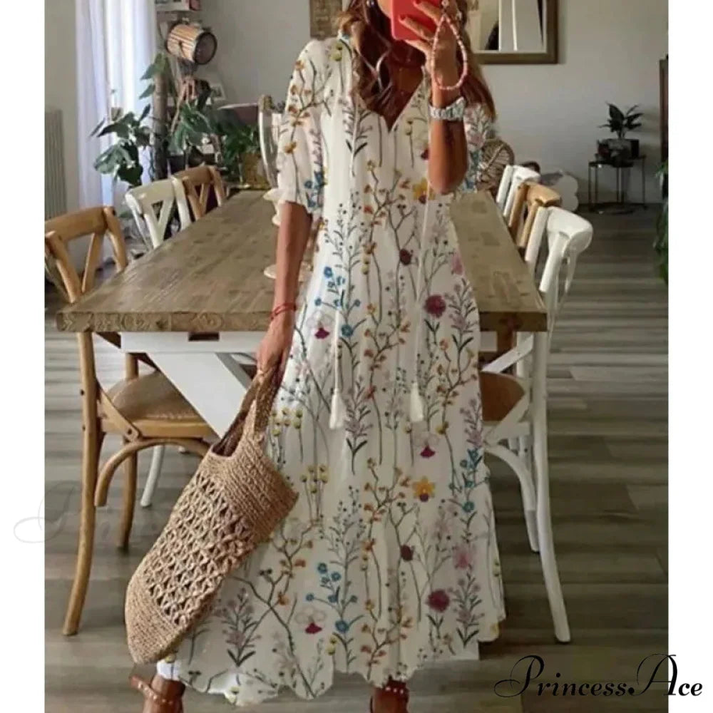 Eclectic Retro Flowery Plunging Neckline Summer Beach Dress