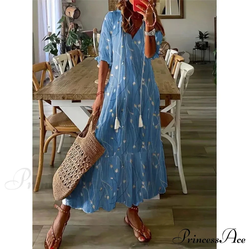 Eclectic Retro Flowery Plunging Neckline Summer Beach Dress