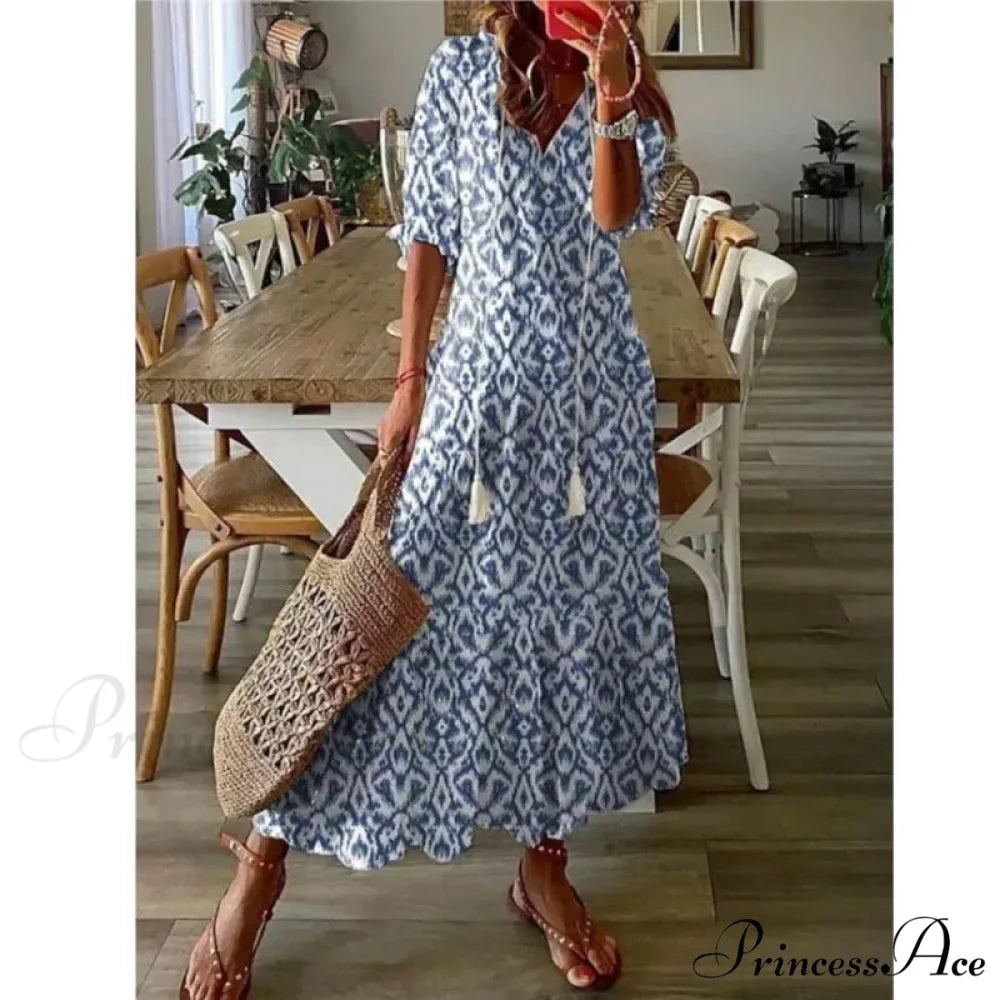 Eclectic Retro Flowery Plunging Neckline Summer Beach Dress