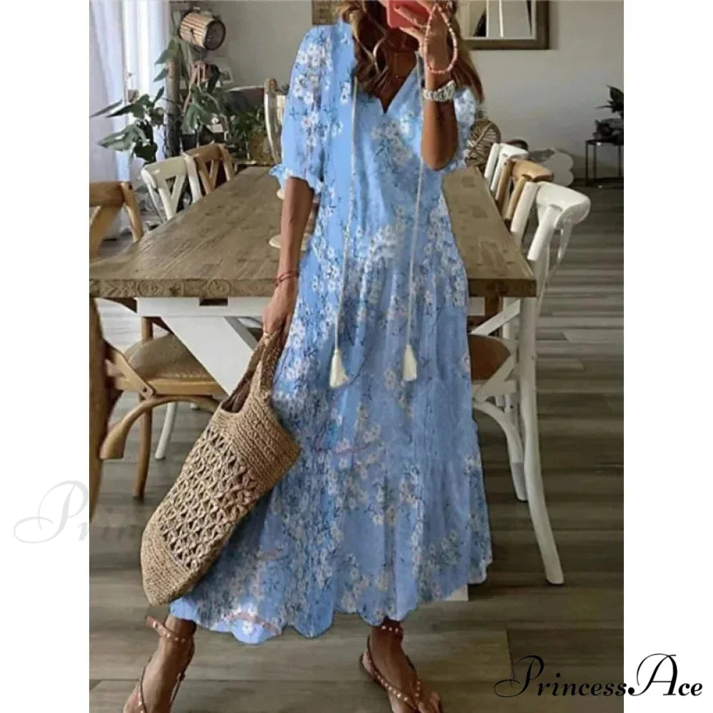 Eclectic Retro Flowery Plunging Neckline Summer Beach Dress