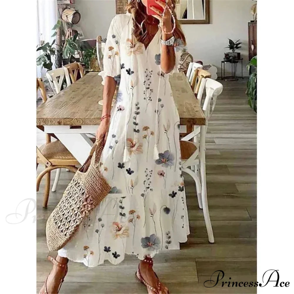 Eclectic Retro Flowery Plunging Neckline Summer Beach Dress