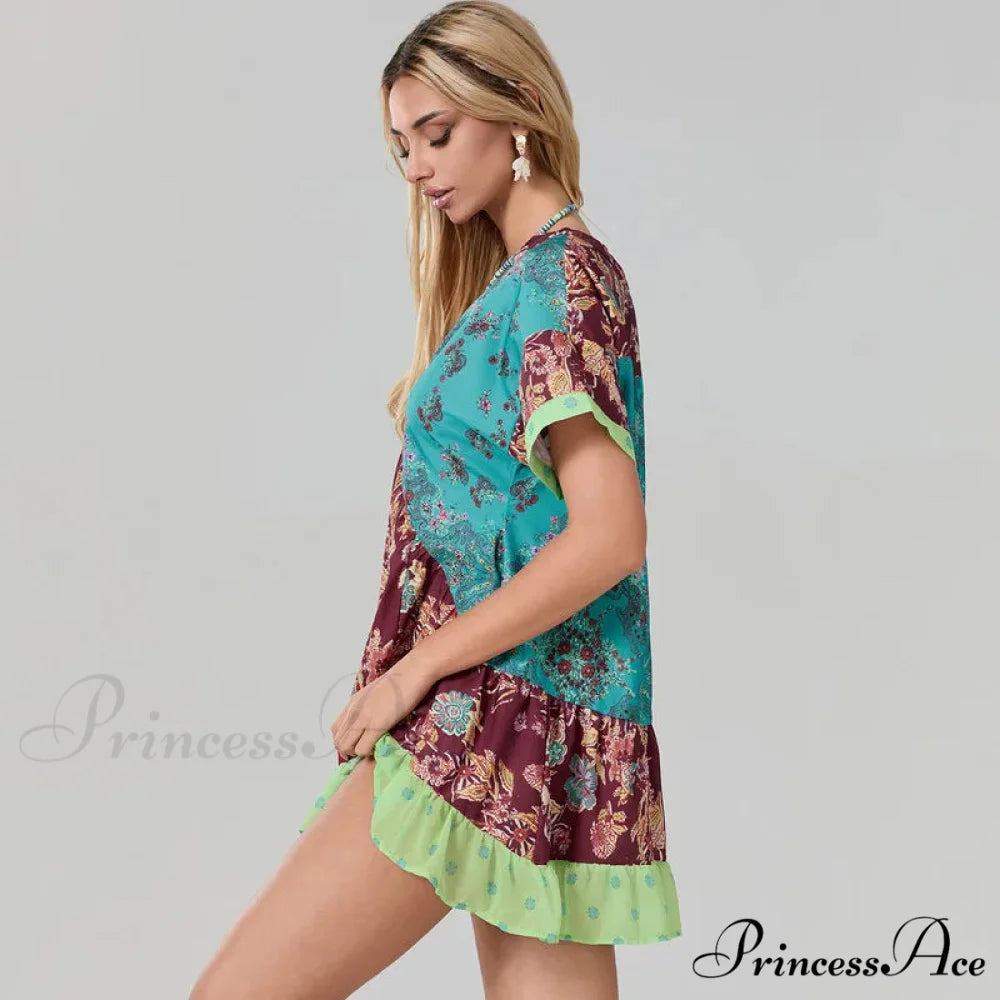 Eclectic Seaside Botanical Pattern Airy Dress with Pockets