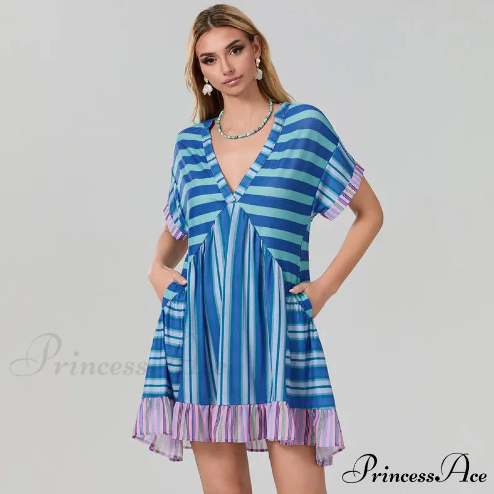 Eclectic Seaside Botanical Pattern Airy Dress with Pockets