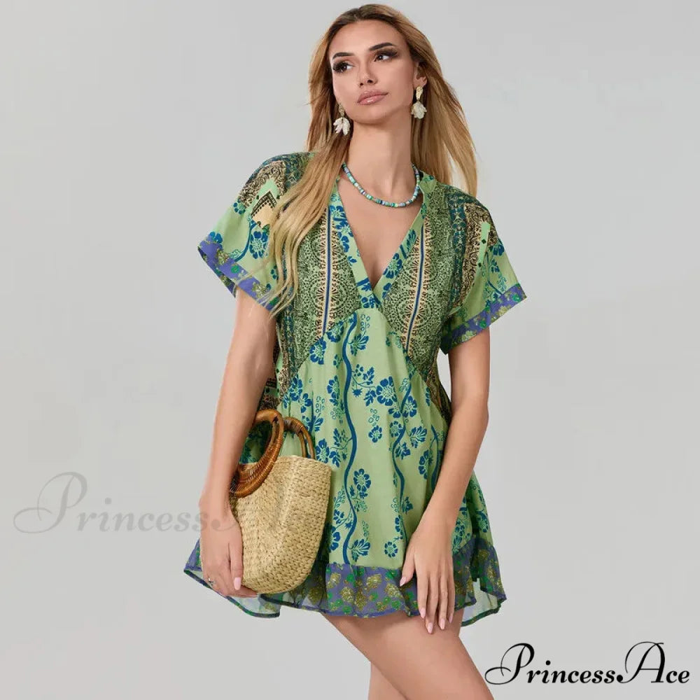 Eclectic Seaside Botanical Pattern Airy Dress with Pockets