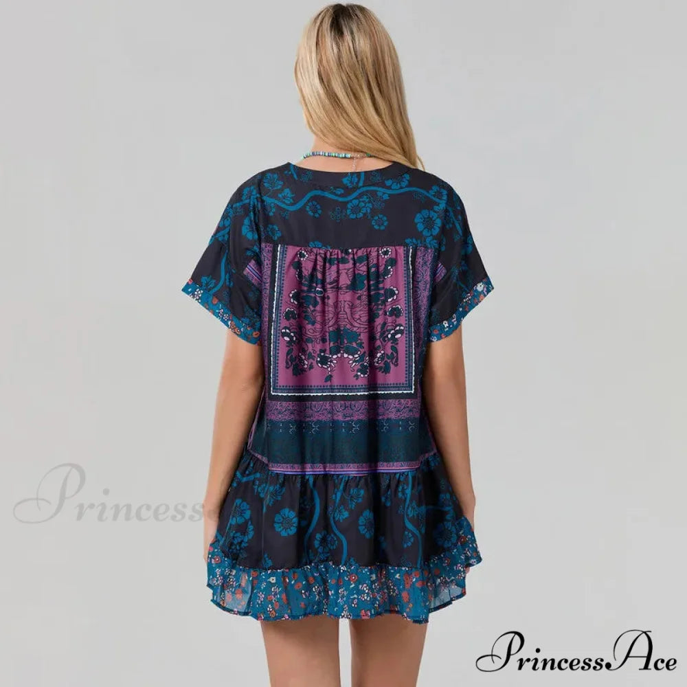 Eclectic Seaside Botanical Pattern Airy Dress with Pockets