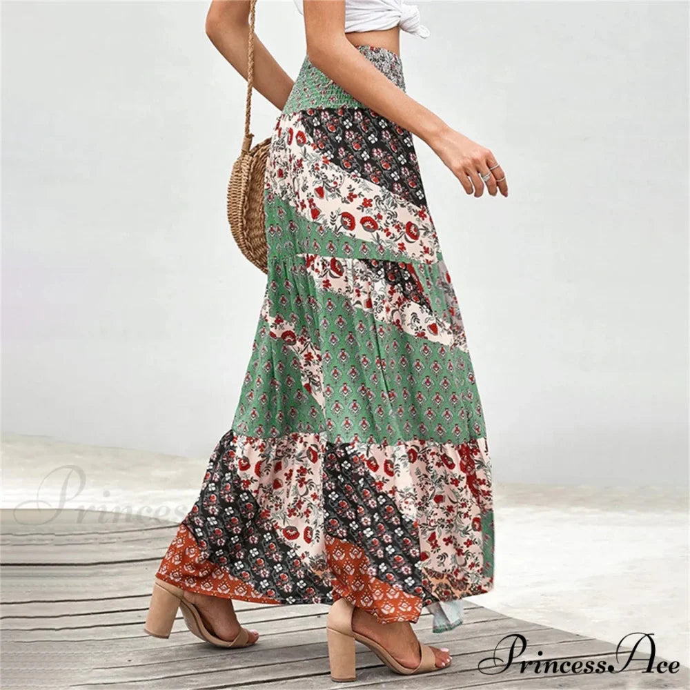 Eclectic Stretchy Waist Botanical Pattern Retro Skirt