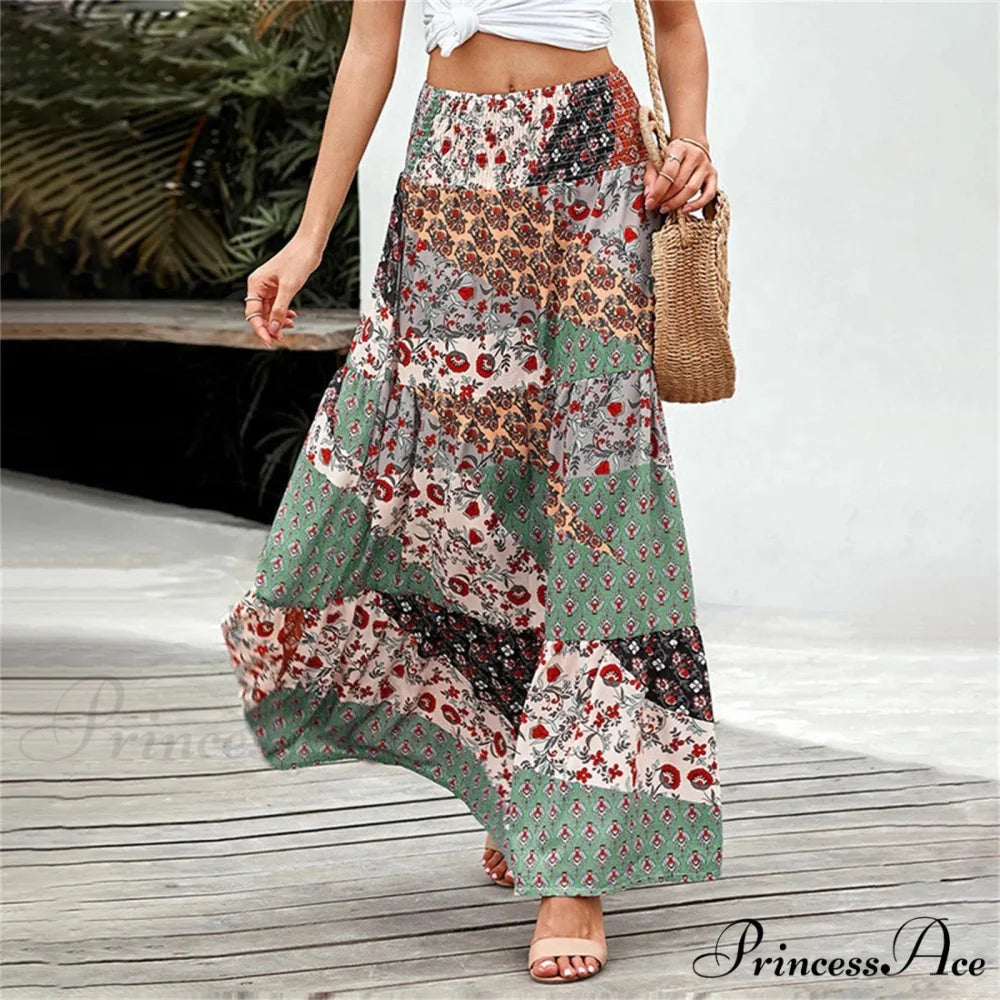 Eclectic Stretchy Waist Botanical Pattern Retro Skirt