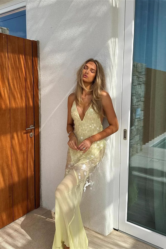 Hollow Sleeveless High Waist Sequin Floral Dress