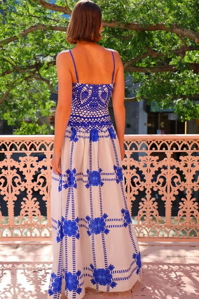 Elegant Lace Trim Blue-White Boho Dress