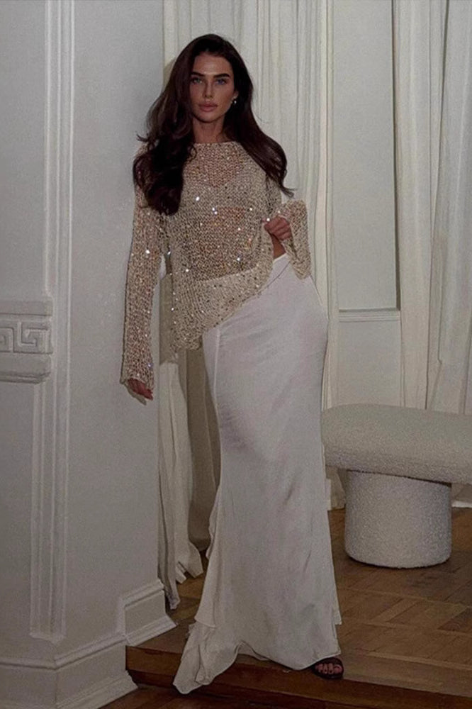 Solid Color Sequined Hollow Long Sleeve Knit Sweater