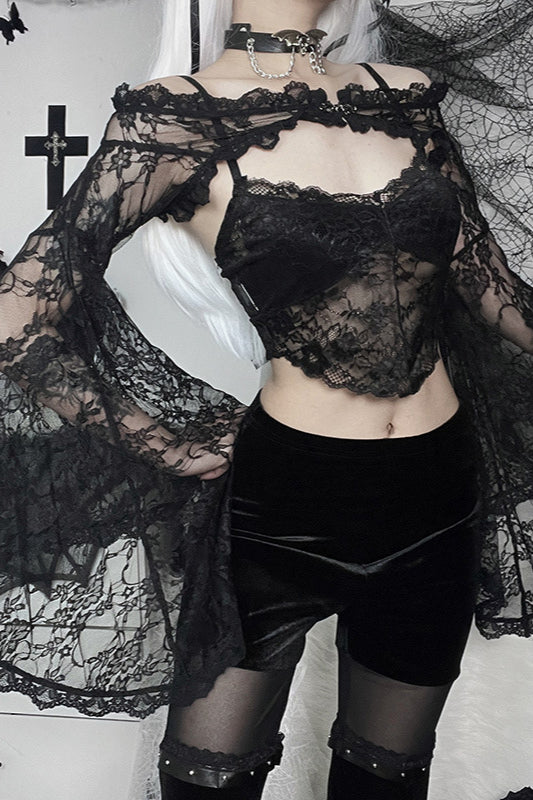 Dark Style Mesh Panel Cardigan Knit Top