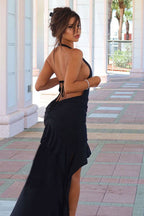 Elegant Hollow Backless Halter Mesh Train Maxi Dress