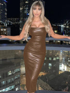 Edgy Faux PU Leather Fashion Sexy Sleeveless Backless Slit Summer Midi Dress