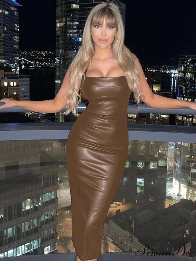 Edgy Faux PU Leather Fashion Sexy Sleeveless Backless Slit Summer Midi Dress