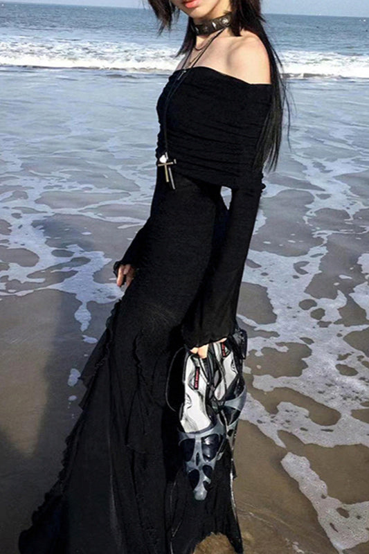 Fashionable Ruffle Hem Split Bodycon Maxi Dress