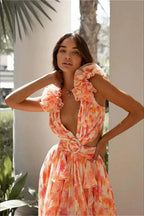 Ruffle Trim Deep V Floral Dress