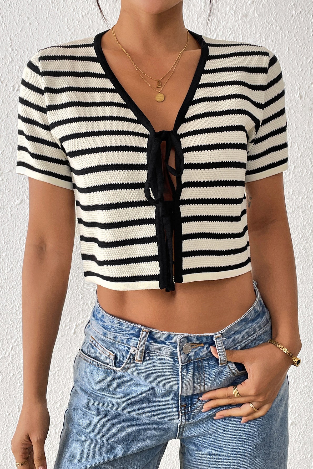Striped Tie-Front Knit Short Sleeves Cardigan
