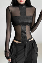 Sheer Mesh Crew Neck Knit Top