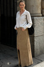 Vintage Suede Brown High Waist Split Midi Skirt