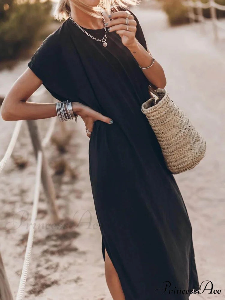 Effortless Open Sleeve Slit Graceful Oversized T-shirt Midi Dress