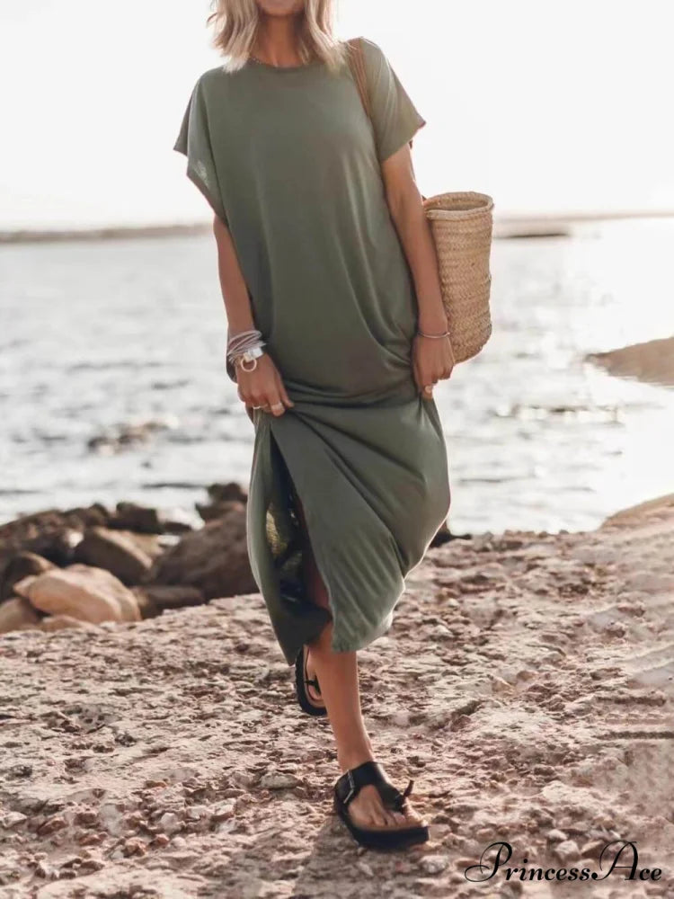 Effortless Open Sleeve Slit Graceful Oversized T-shirt Midi Dress