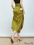 Effortless Tie Front Satin Modern Flowy Slit Midi Skirt