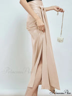 Effortless Tie Front Satin Modern Flowy Slit Midi Skirt
