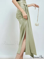 Effortless Tie Front Satin Modern Flowy Slit Midi Skirt