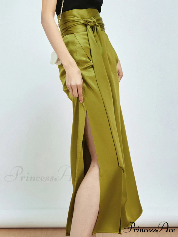 Effortless Tie Front Satin Modern Flowy Slit Midi Skirt
