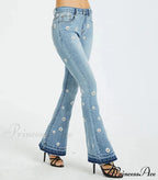 Elastic Flower Embroidered Flare Womens Vintage Skinny Spring Autumn Denim Retro Style Bell Bottom Jean