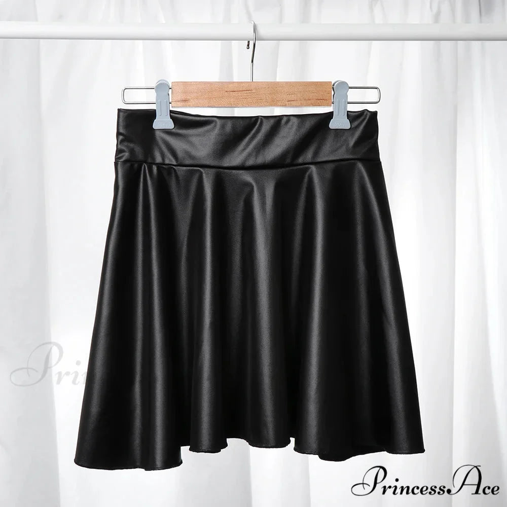 Elastic High Waist Faux Leather Skater Comfortable Stylish Chic Mini Skirt