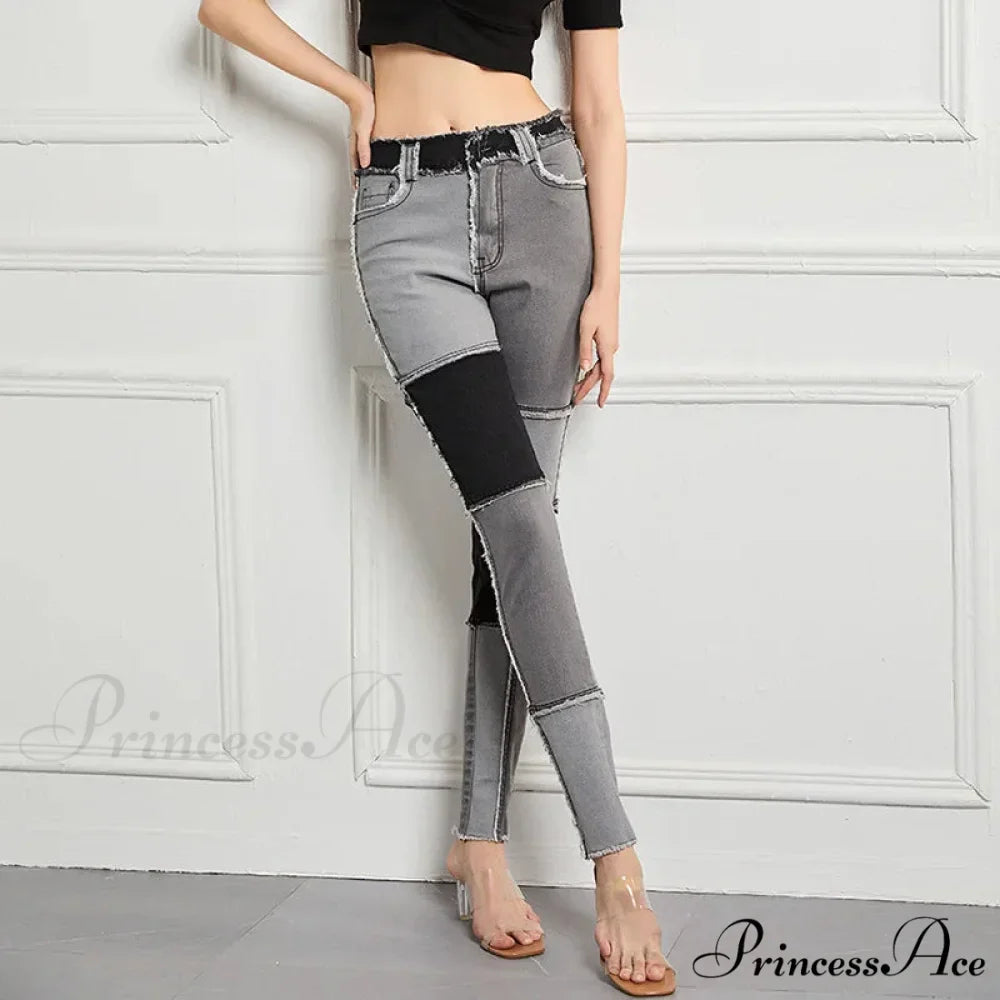 Elastic Patchwork Tassel Slim Fit Street Denim Jean