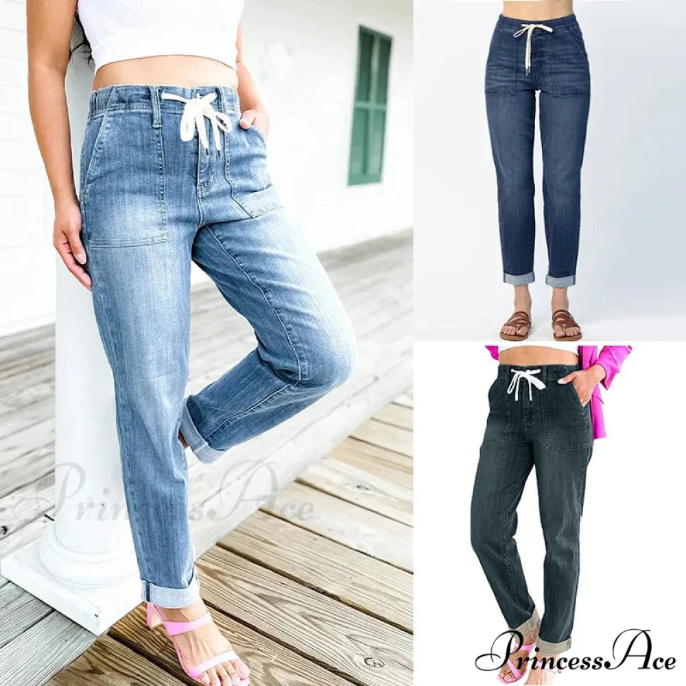 Elastic Skinny Pencil Casual Denim Drawstring High Waist Women's Fashionable Jean