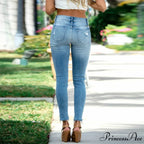 Elastic Women's Cutout Ripped High Waist Casual Daily Skinny Pocket 2024 Trend Fashion Design Long Jean