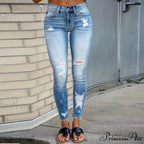 Elastic Women's Cutout Ripped High Waist Casual Daily Skinny Pocket 2024 Trend Fashion Design Long Jean