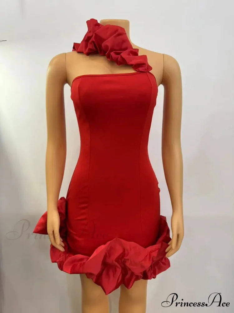 Elegant A-Line Backless One-Shoulder Red Christmas Party Dress