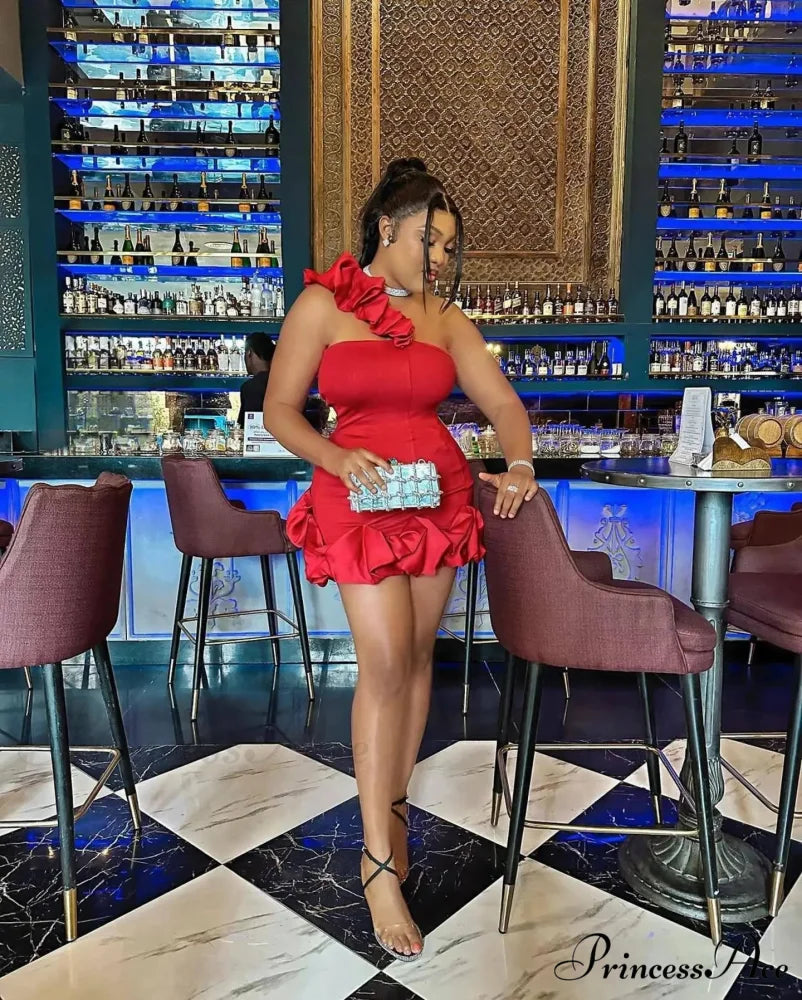 Elegant A-Line Backless One-Shoulder Red Christmas Party Dress