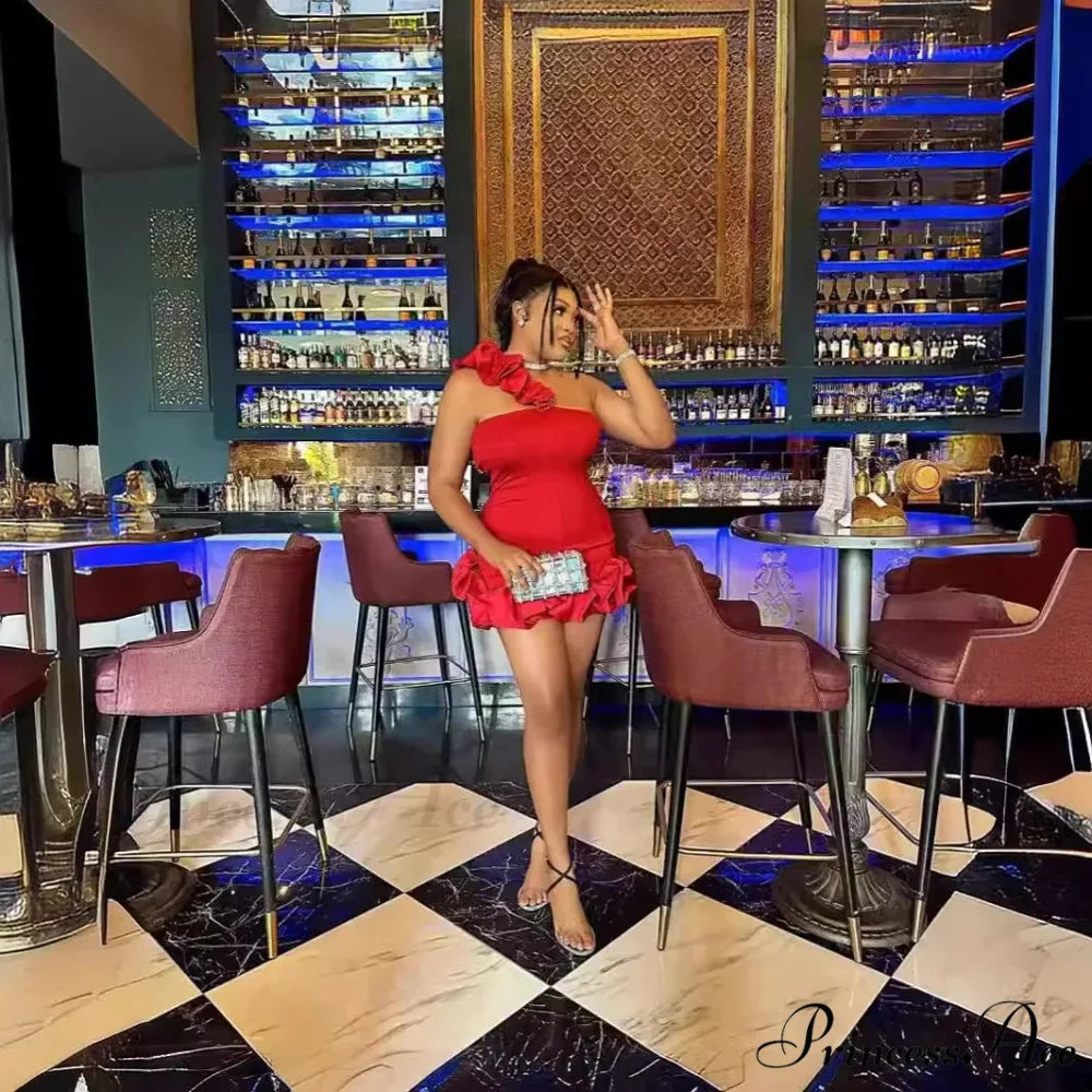 Elegant A-Line Backless One-Shoulder Red Christmas Party Dress