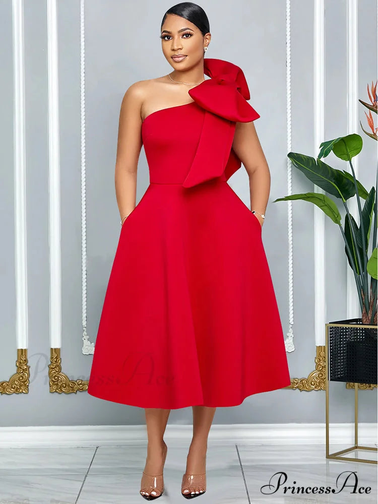 Elegant A Line Pleated One Shoulder Bow Red Christmas Party Dress