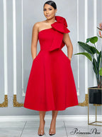 Elegant A Line Pleated One Shoulder Bow Red Christmas Party Dress