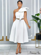 Elegant A Line Pleated One Shoulder Bow Red Christmas Party Dress