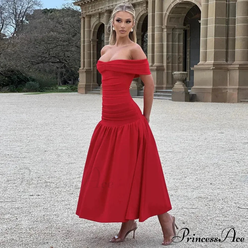 Elegant Backless Patchwork Long Red Sleeveless Bandeau Solid Pleated Wide Skirt Christmas Party Dress